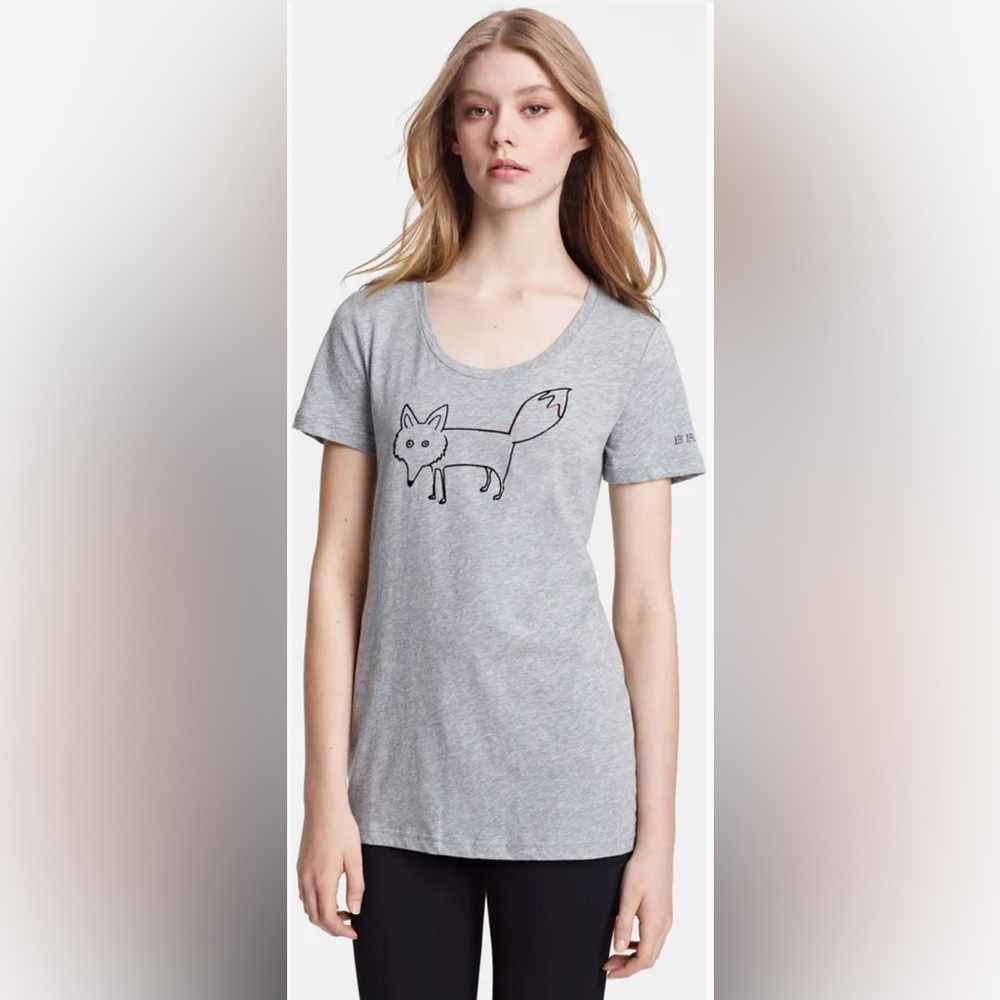 Burberry Brit Women’s Gray Fox T-Shirt, Large, stain on back left side, animal
